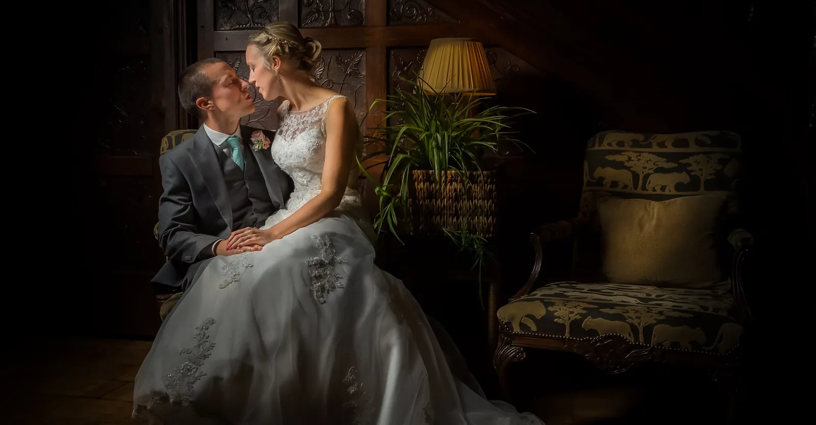 The first kiss at a Rowton Hall wedding, Chester