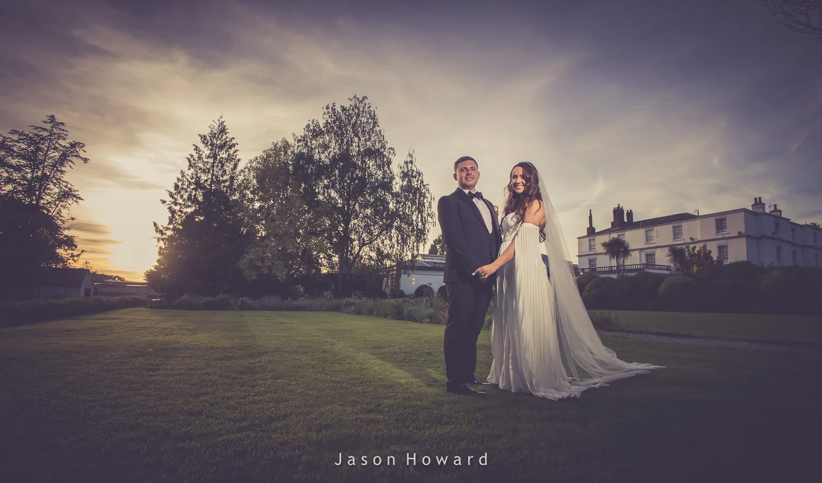 Golden hour wedding photograph at Rowton Hall Hotel, Cheshire